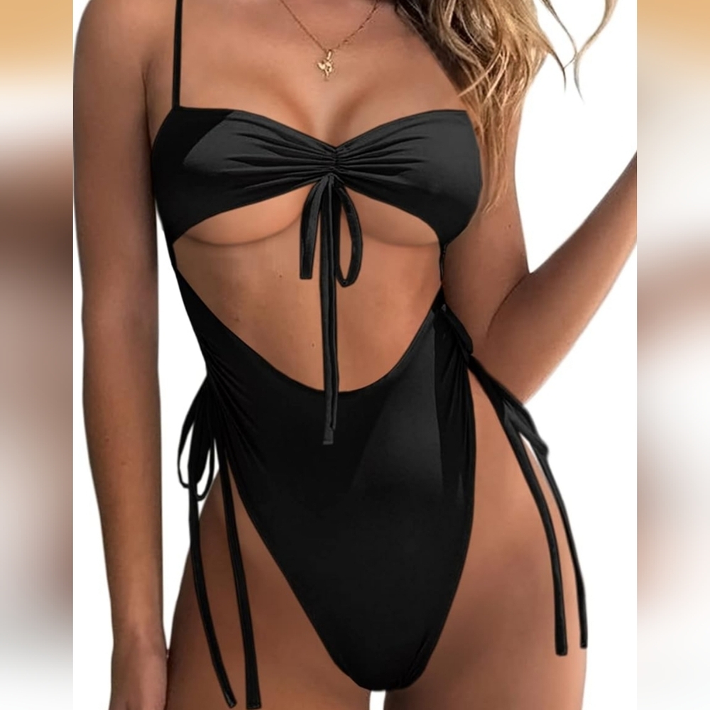 High Leg Side Tie Thong Monokini Black